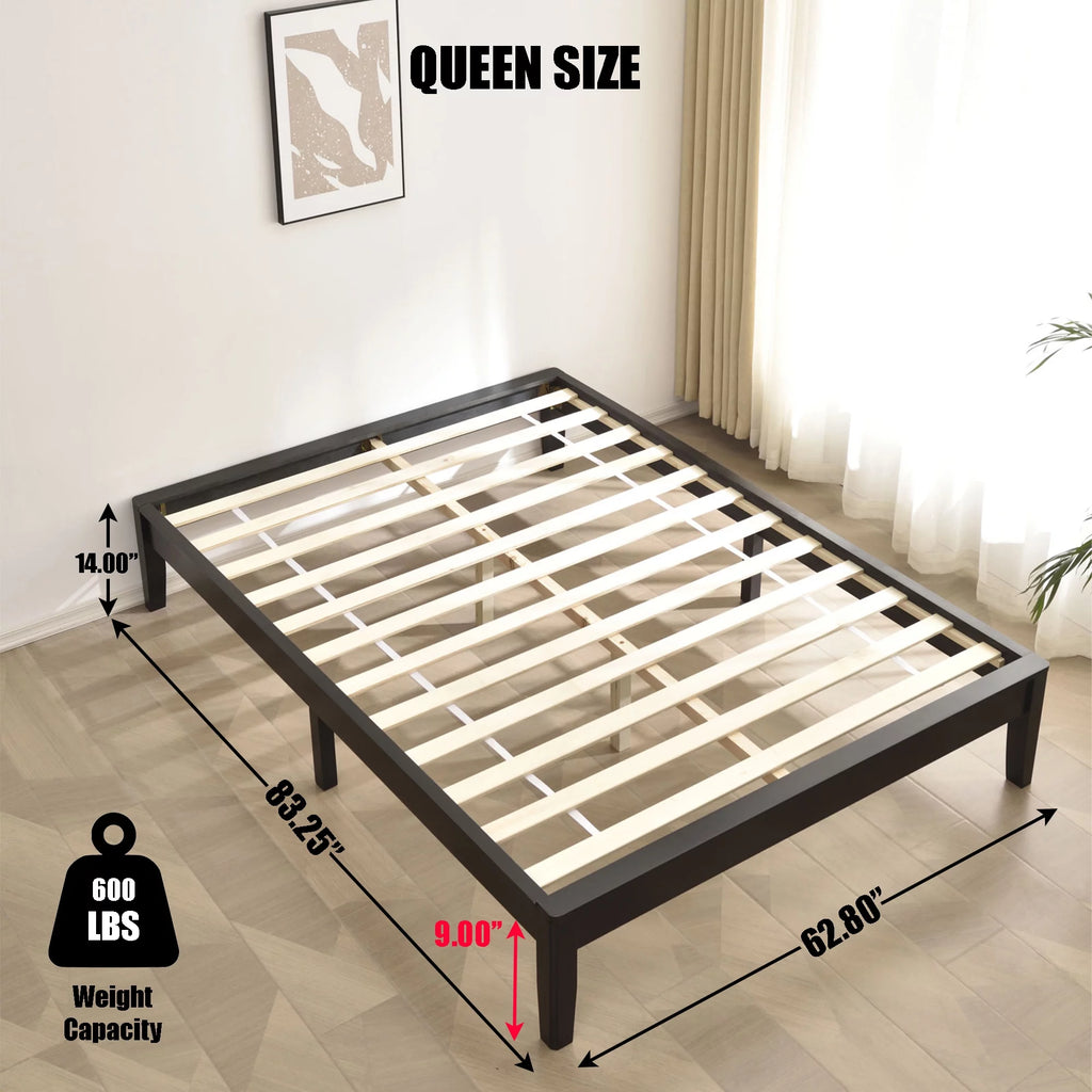 Black Queen Solid Pine Wood Platform Bed Frame T84806