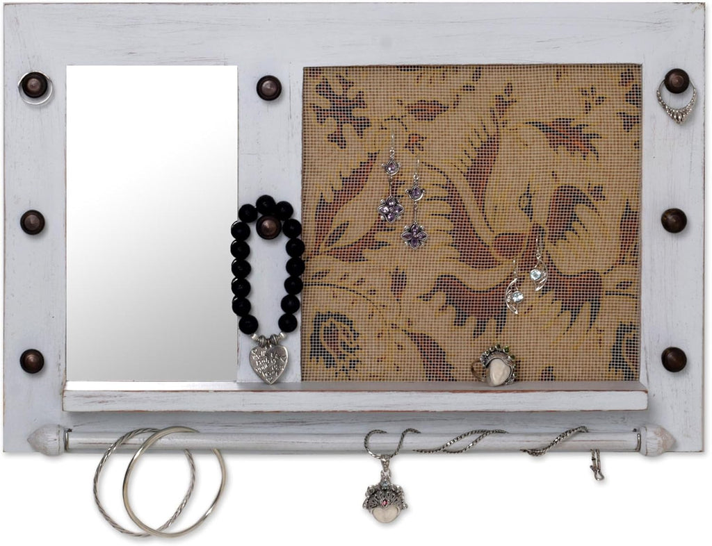 White Cotton Wood Batik Jewelry Display Organizer With Mirror W53289