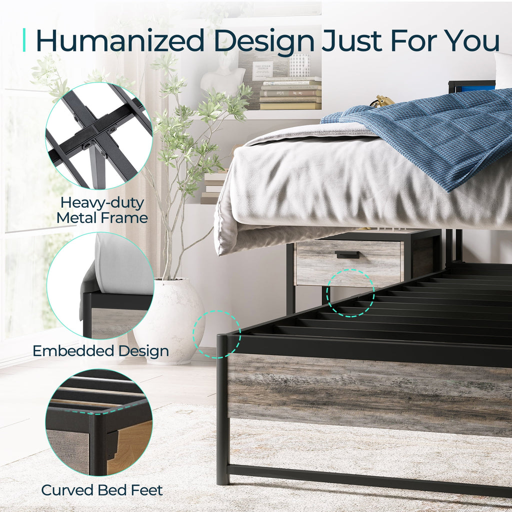 Full Size Metal Platform Bed Frame with Headboard and Storage Shelves R384