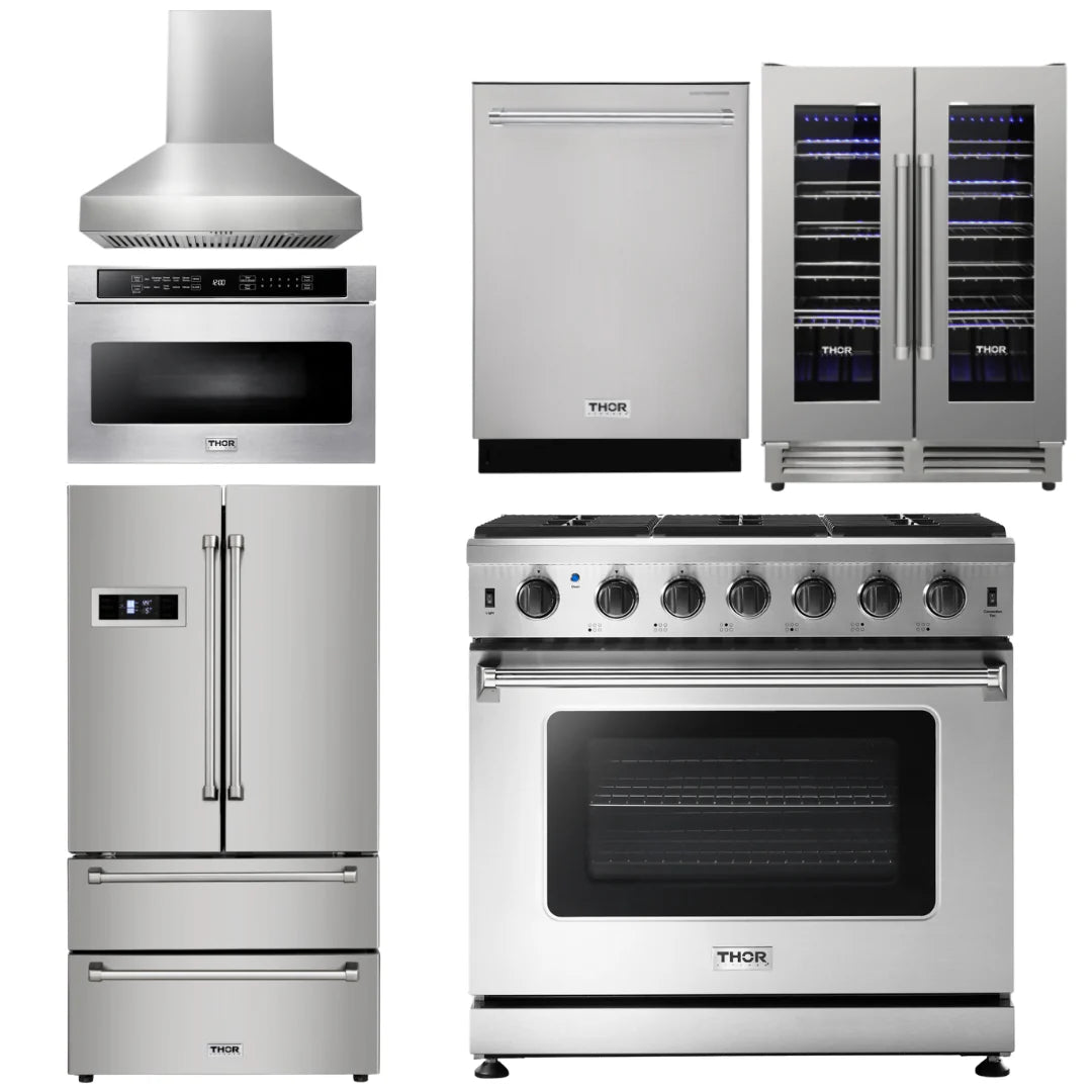 36 Gas Range, Range Hood, Microwave, Refrigerator, Dishwasher, Wine Cooler Y924736