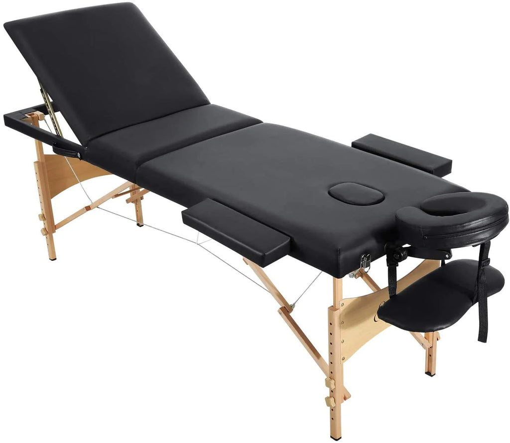 Portable Height Adjustable 3 Sections Wooden Massage Table with Face Hole and Carrying Bag Q204191