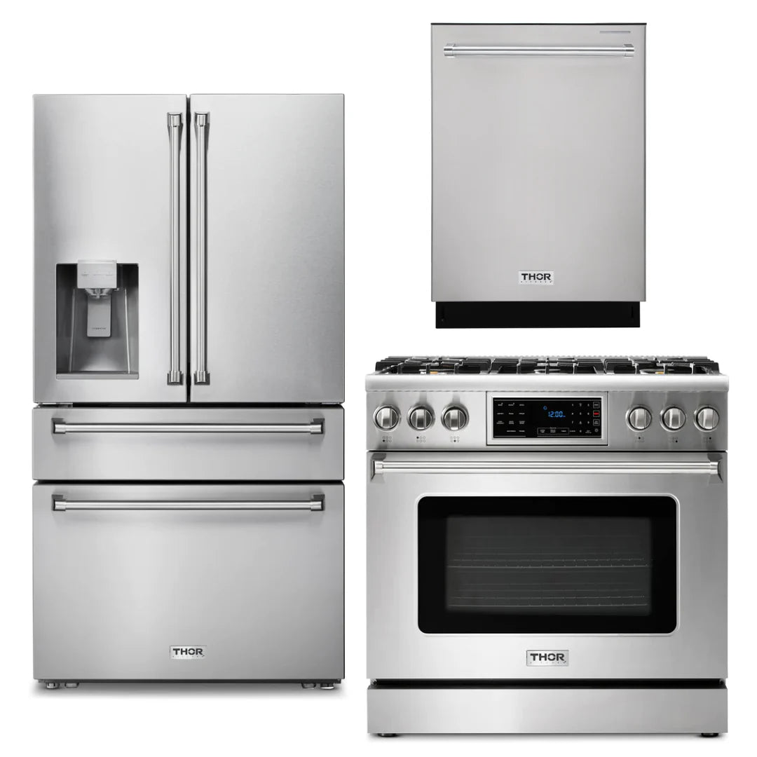 36 Gas Range, Refrigerator with Water and Ice Dispenser, Dishwasher D3383