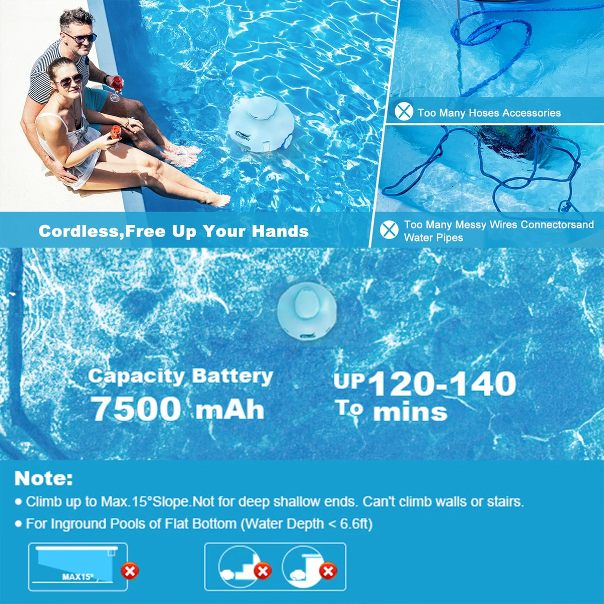 Cordless Robotic Pool Vacuum Cleaner 7500mAh Rechargeable IPX8 Waterproof O311