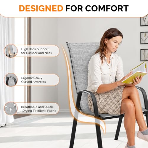 Black Set of 6 Stackable Outdoor Dining Chairs with Sling High Back and Armrests V434