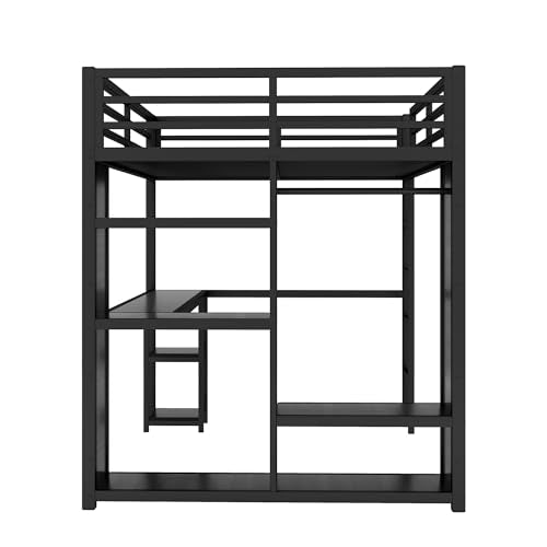 Full Size White Metal Loft Bed with Desk and Wardrobe B67150