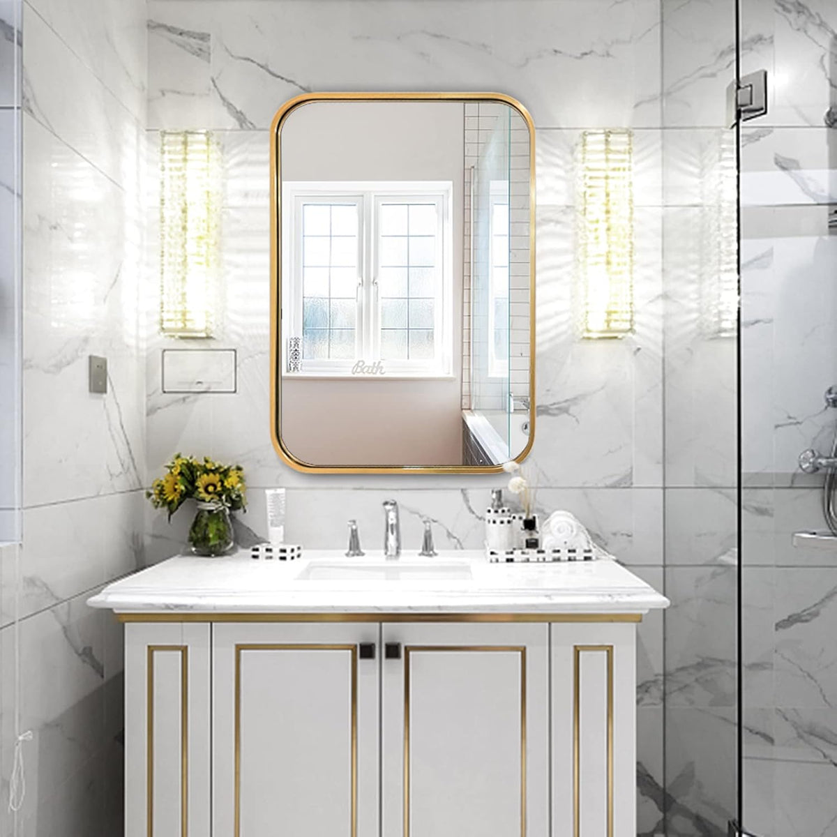 Gold Brushed Metal Framed Rectangular Bathroom Mirror D647868