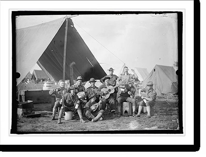 Historic Framed Print, U.S. Army group of soldiers in front of tent, 17-7/8" x 21-7/8" C23844