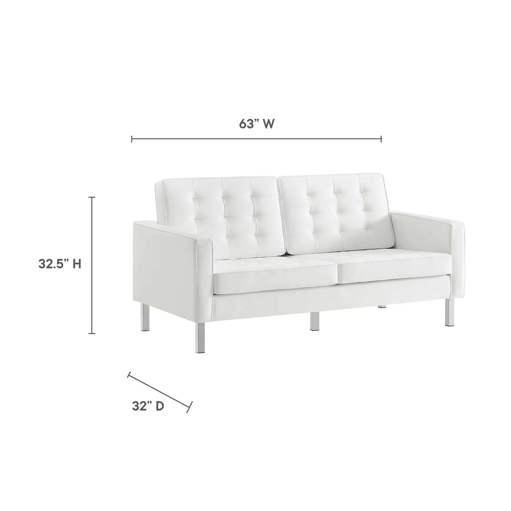 Silver White Tufted Vegan Leather Loveseat W6431