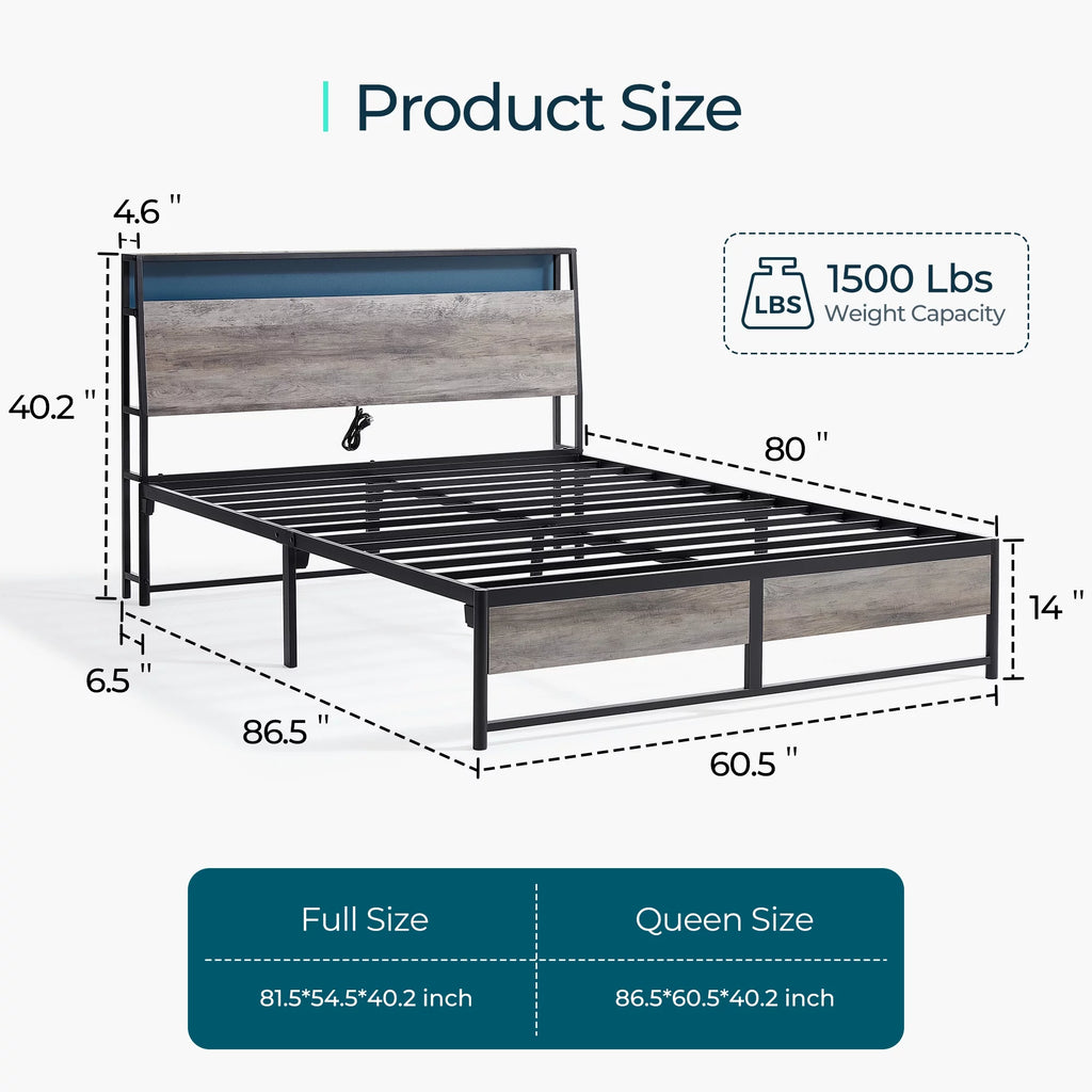 Full Size Metal Platform Bed Frame with Headboard and Storage Shelves R384