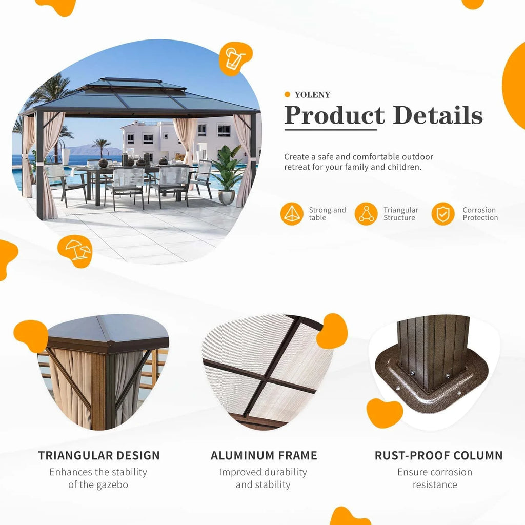 10'x13' Polycarbonate Double Roof Aluminum Hardtop Gazebo V995544