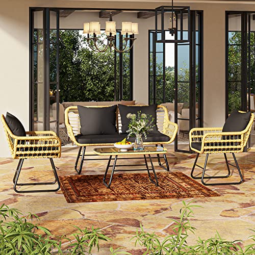 4-Piece Wicker Patio Bistro Set with Cushions and Metal Table F776