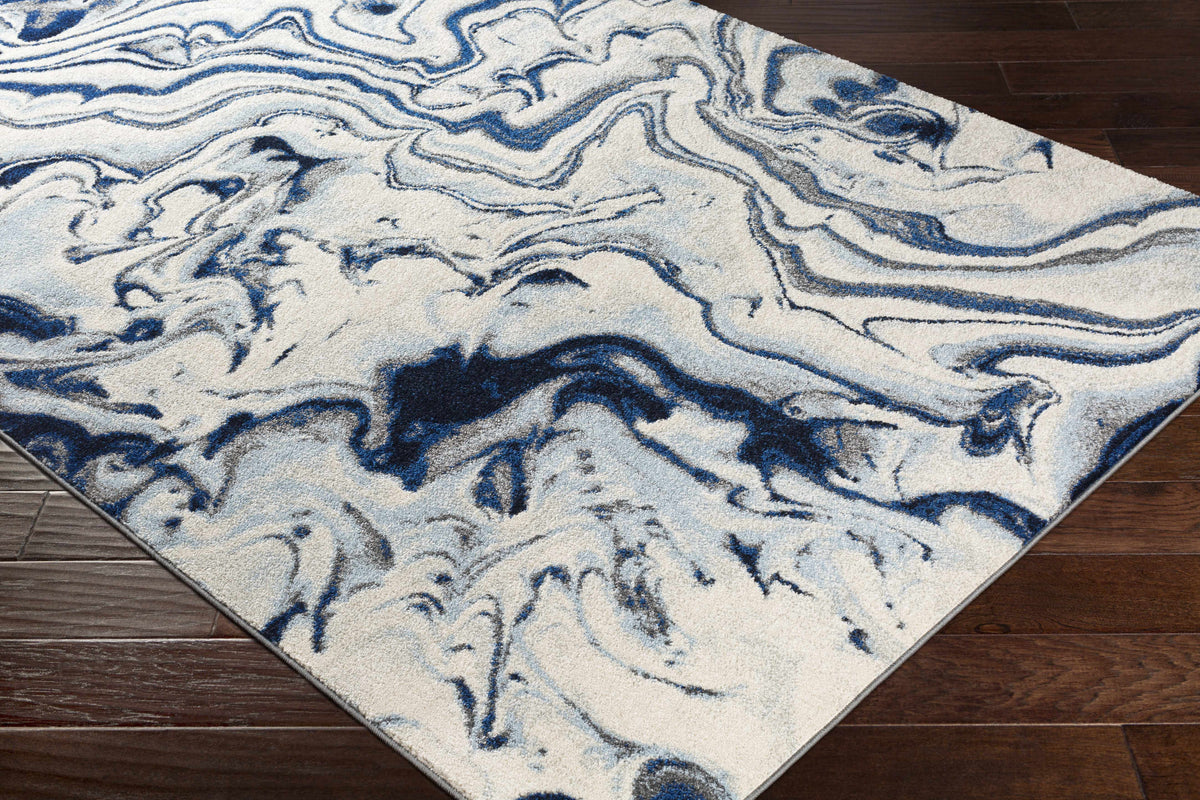 Abstract Coastal Area Rug - Marble Swirl Pattern - Ombre Blue, Royal Blue, Navy Blue, Grey, White - 5'3" x 7'3" V6096