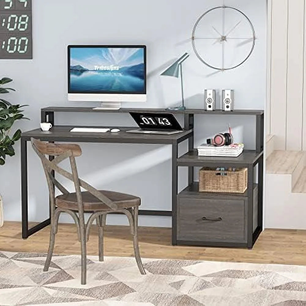 60 inch Computer Desk with File Drawer and Shelves D950