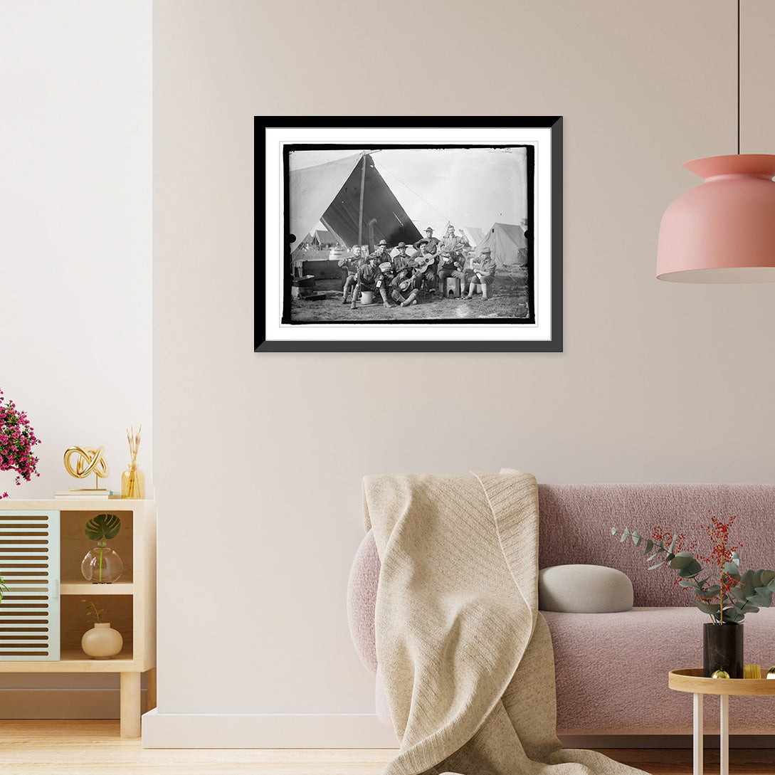 Historic Framed Print, U.S. Army group of soldiers in front of tent, 17-7/8" x 21-7/8" C23844
